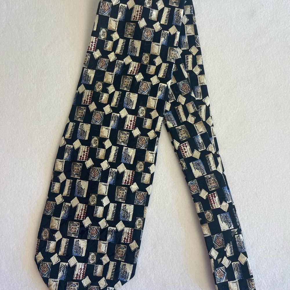 Vintage Hickey Freeman Italian Silk Tie Geometric Black Tan USA Made Power Tie